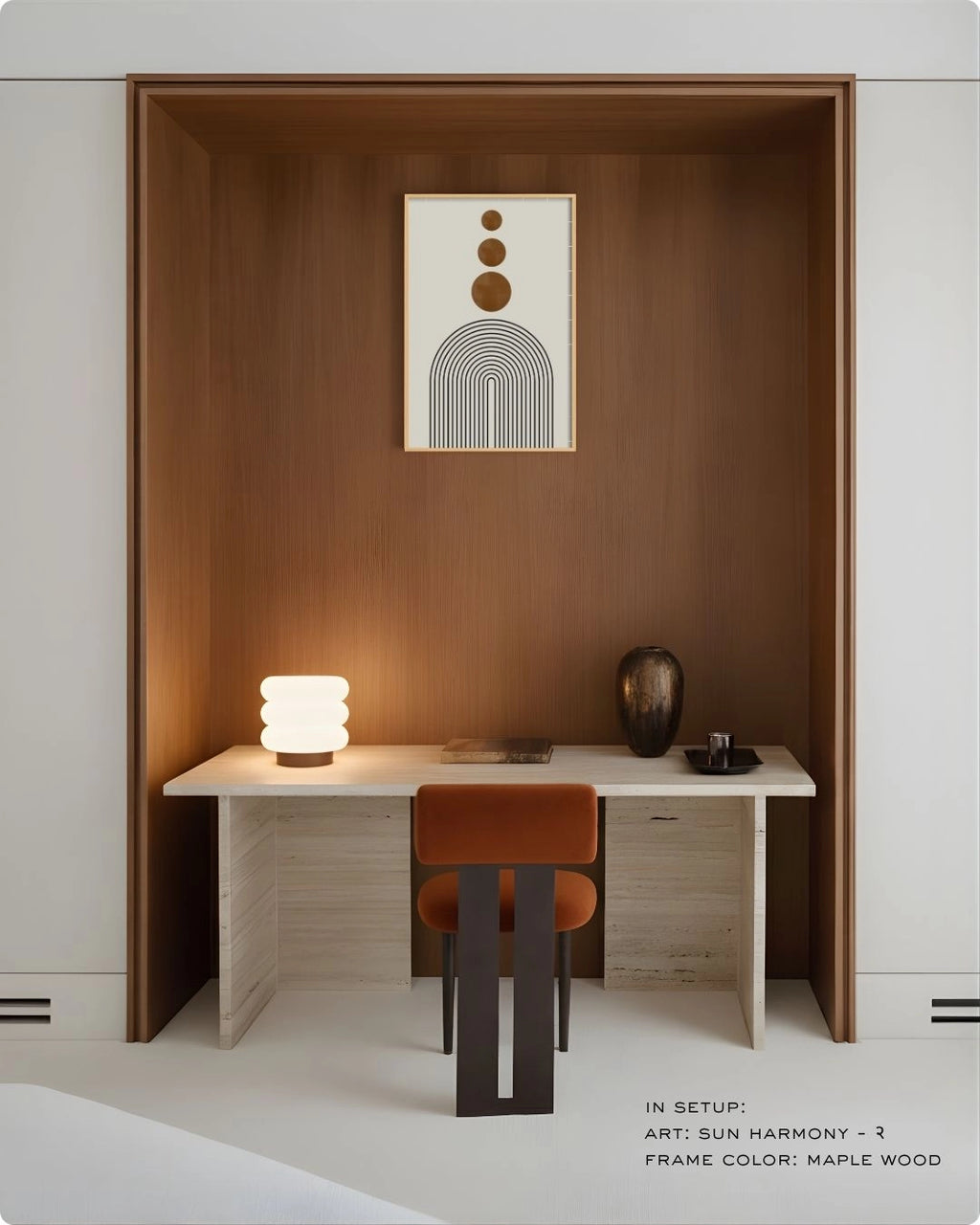 Sun Harmony 2 abstract wall art by K2C Co. featuring three burnt orange circles and black arches in a Maple Wood frame, displayed in a minimalist home office alcove above a white stone desk.