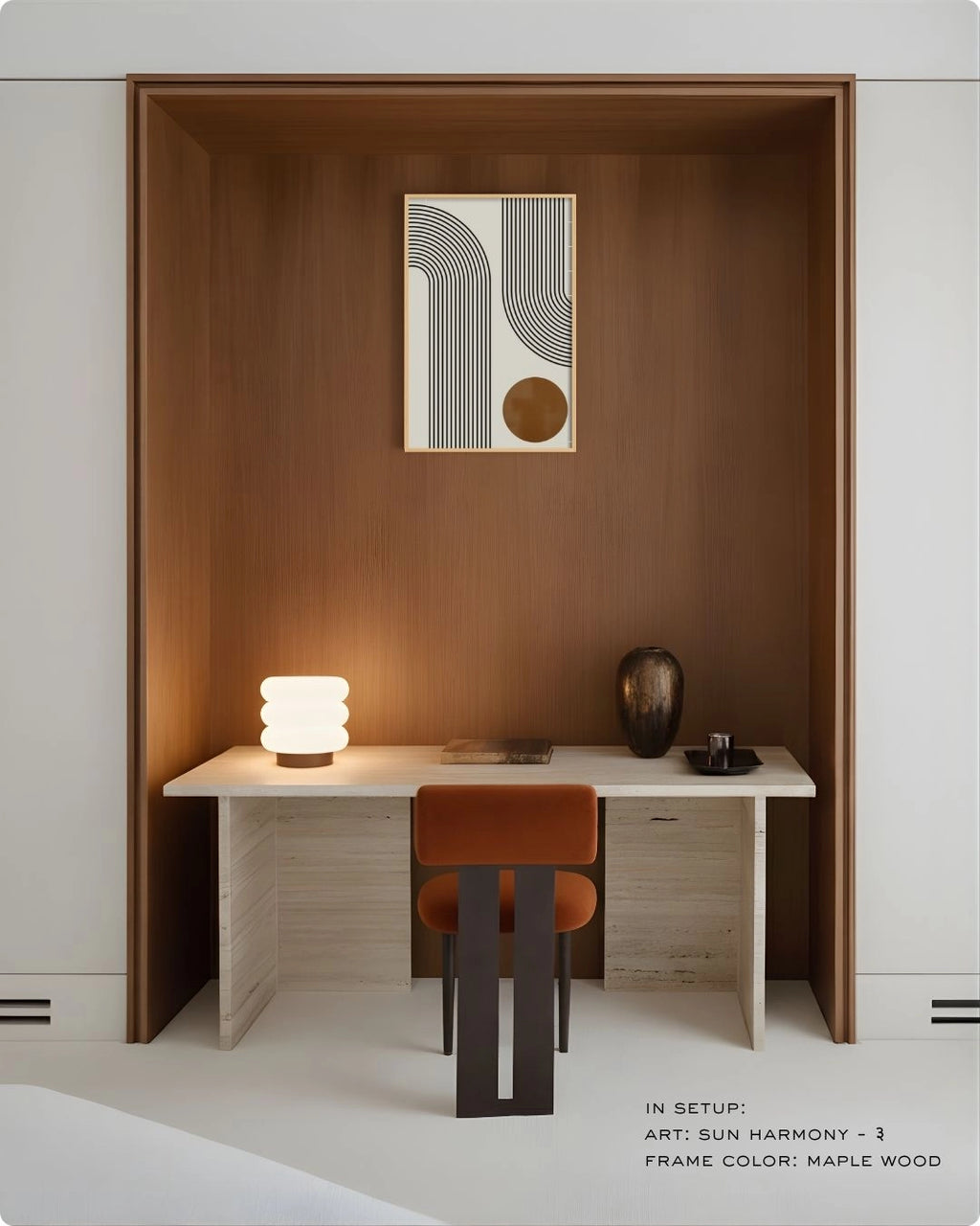Sun Harmony 3 abstract wall art by K2C Co. featuring a burnt orange circle and black curved lines in a Maple Wood frame, displayed in a minimalist home office alcove above a white stone desk.