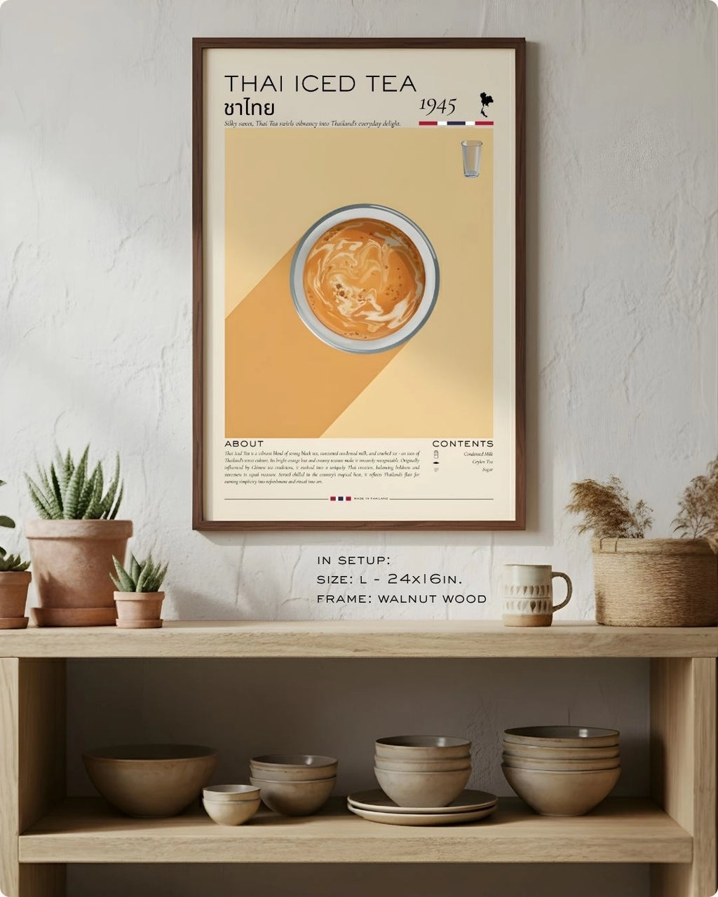 Large (Size L - 24x16in) Thai Iced Tea Rituals infographic in a Walnut Wood frame by K2C Co., styled on a minimalist wooden shelf with ceramic bowls and potted succulents.