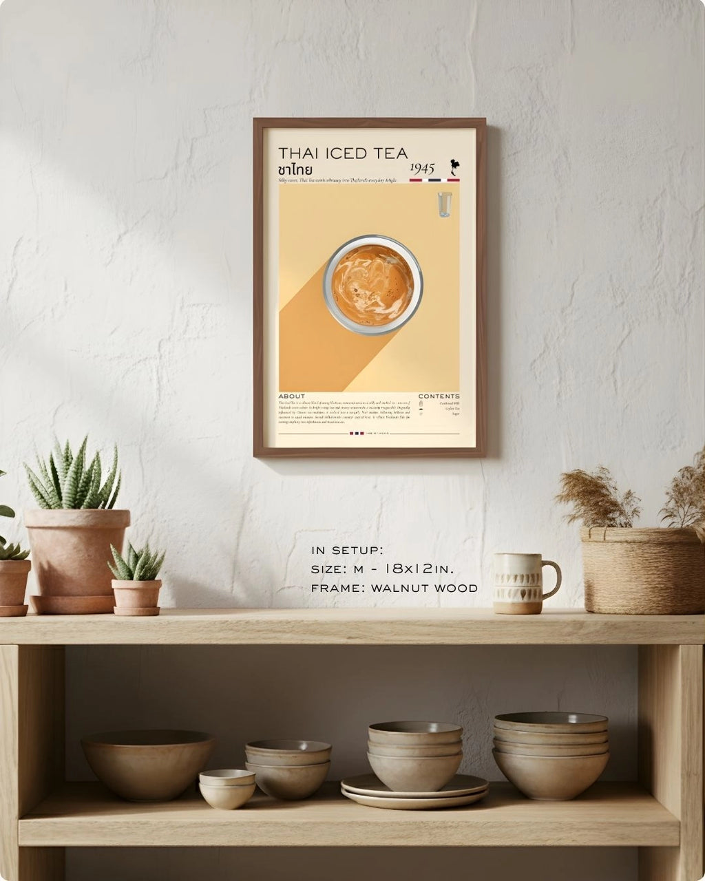 Medium (Size M - 18x12in) Thai Iced Tea Rituals infographic in a Walnut Wood frame by K2C Co., featured in a minimalist shelf setup to demonstrate relative wall scale.