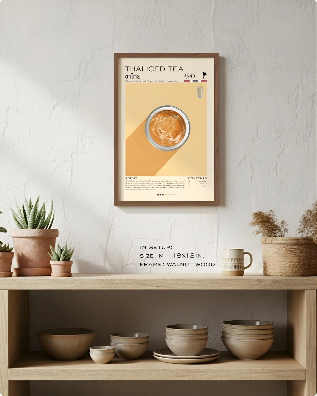 Medium (Size M - 18x12in) Thai Iced Tea Rituals infographic in a Walnut Wood frame by K2C Co., featured in a minimalist shelf setup to demonstrate relative wall scale.
