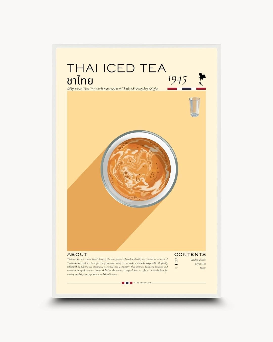 K2C Co. Thai Iced Tea Rituals vintage-style infographic print in a Moon White frame. Features vibrant orange tones and a minimalist map of Thailand, perfect for a bright Scandinavian or Japandi kitchen.