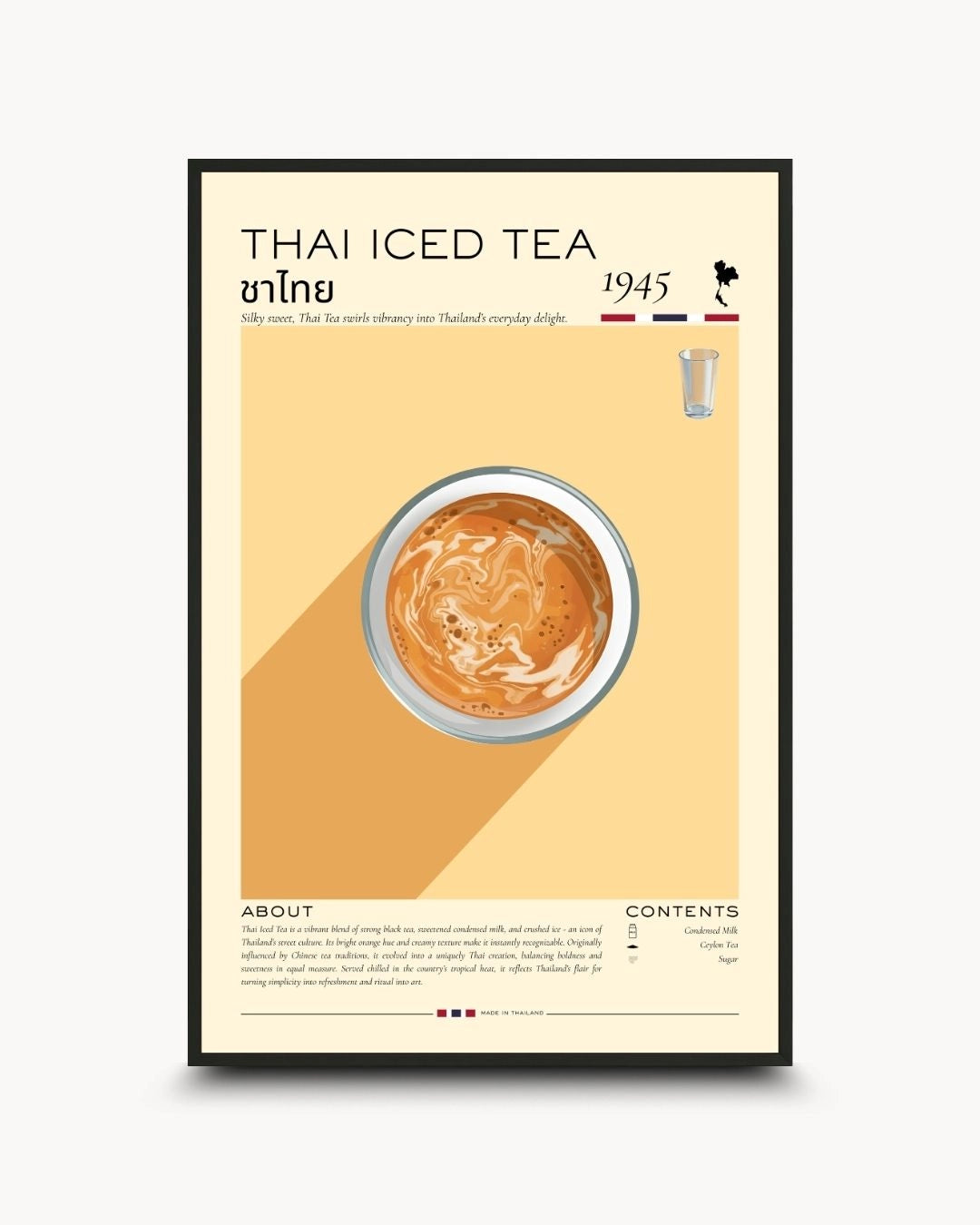 Minimalist Thai Iced Tea infographic poster by K2C Co. featuring a top-down view of tea with condensed milk swirls in a 0.5-inch Noir Black frame. Ideal for modern kitchen or cafe wall decor.