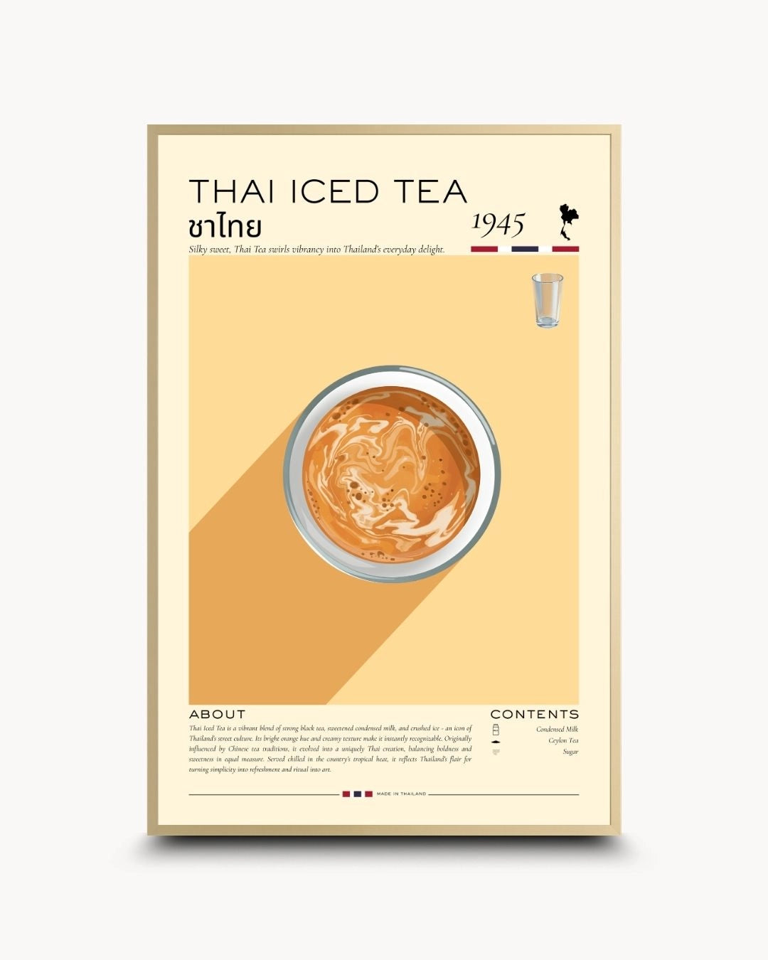 Elegant Thai Iced Tea Rituals infographic by K2C Co. in a Satin Gold frame. Features clean typography and high-contrast orange accents for a luxury contemporary wall decor statement.