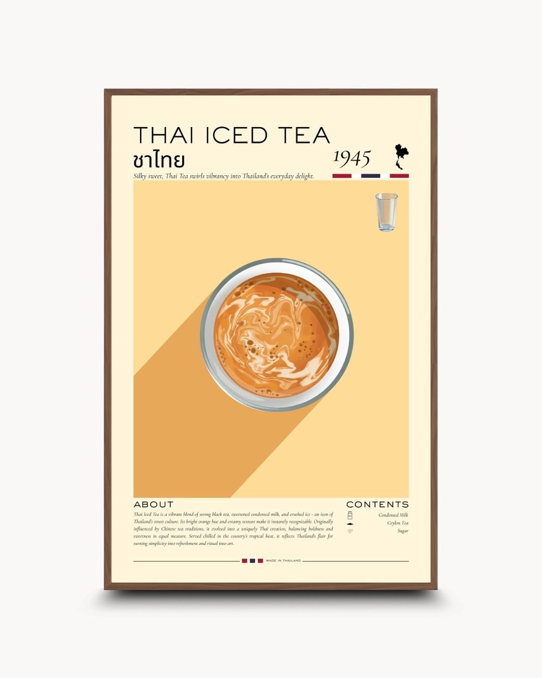 Vintage-inspired Thai Iced Tea infographic artwork in a warm Walnut Wood frame by K2C Co. A cultural statement piece for mid-century modern dining rooms and kitchen spaces.