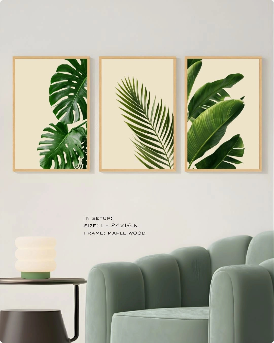Large (Size L) 3-piece tropical botanical gallery wall in Maple Wood frames by K2C Co., styled for a balanced minimalist living room look.