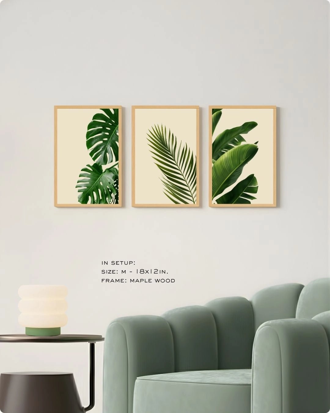 Medium (Size M) 3-piece tropical botanical gallery wall in Maple Wood frames by K2C Co., perfect for a cozy modern apartment wall.