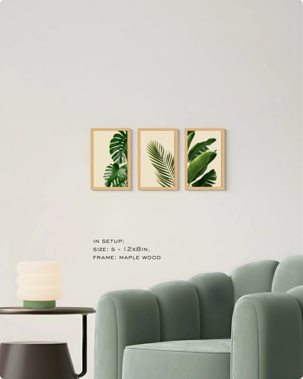 Small (Size S) 3-piece tropical botanical gallery wall in Maple Wood frames by K2C Co., ideal for compact walls or above smaller furniture.