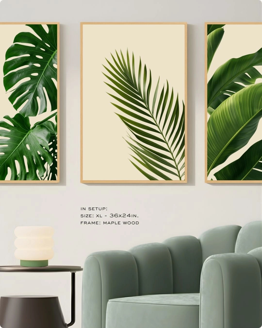 Extra Large (XL) 3-piece tropical botanical gallery wall in Maple Wood frames by K2C Co., making a bold statement in a modern living room.