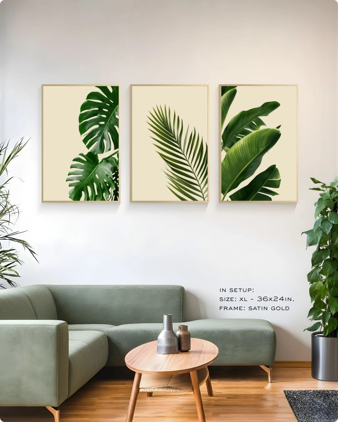 K2C Co. 3-piece tropical botanical gallery set in Walnut Wood frames, displayed above a green sectional sofa in a Japandi-style home.