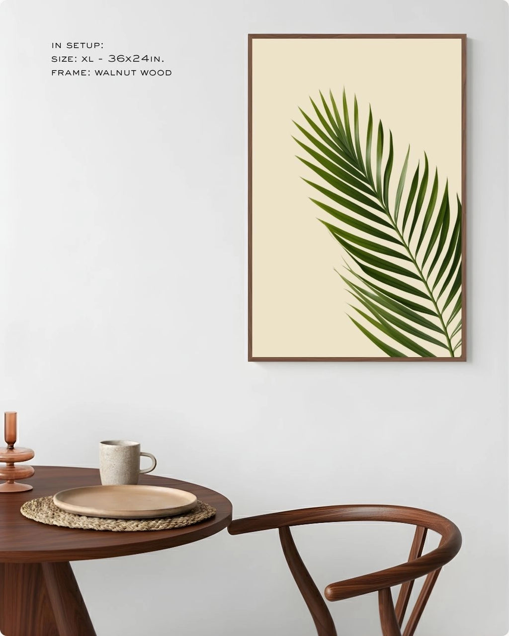 Tropical palm leaf wall art in a Walnut Wood frame by K2C Co., featured in a warm, airy dining room setup to highlight natural Japandi decor vibes.