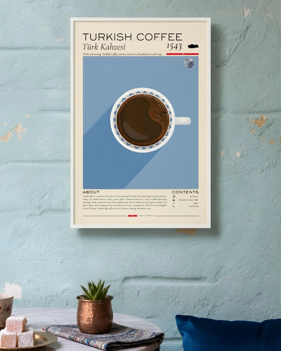 Minimalist Turkish Coffee infographic by K2C Co. styled on a textured sky-blue wall above a table with traditional coffee, Turkish delight, and a copper pot.