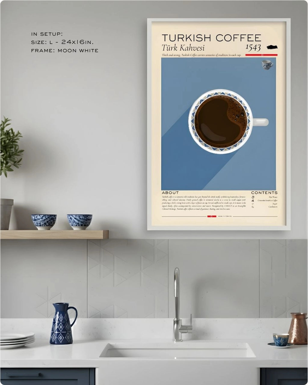 Large (Size L - 24x16in) Turkish Coffee Rituals infographic in a Moon White frame by K2C Co., styled above a modern kitchen sink with blue and gold accents.