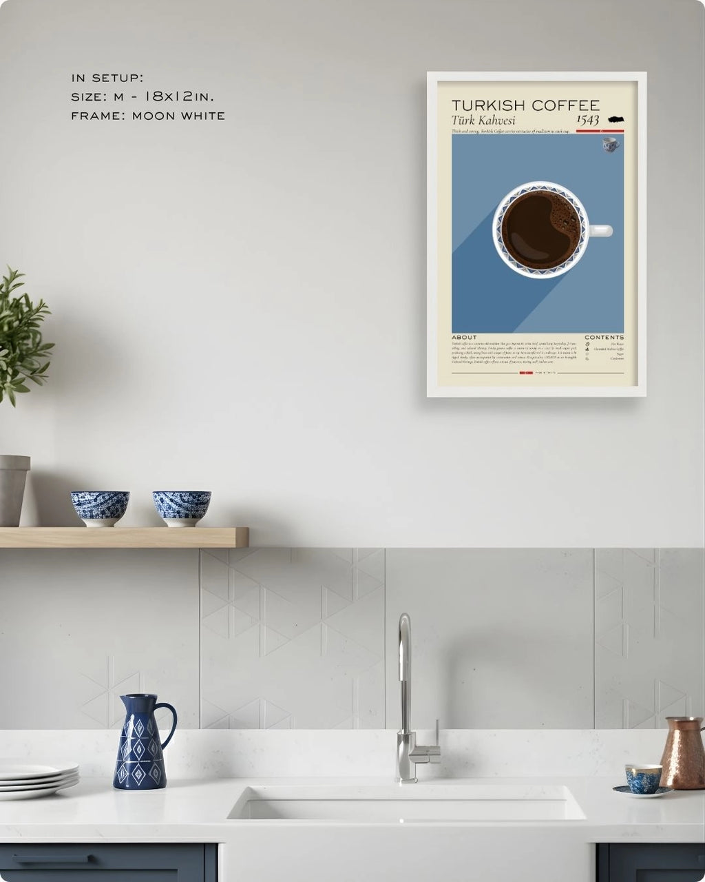 Medium (Size M - 18x12in) Turkish Coffee Rituals infographic in a Moon White frame by K2C Co., featured in a clean kitchen mockup to demonstrate relative wall scale.
