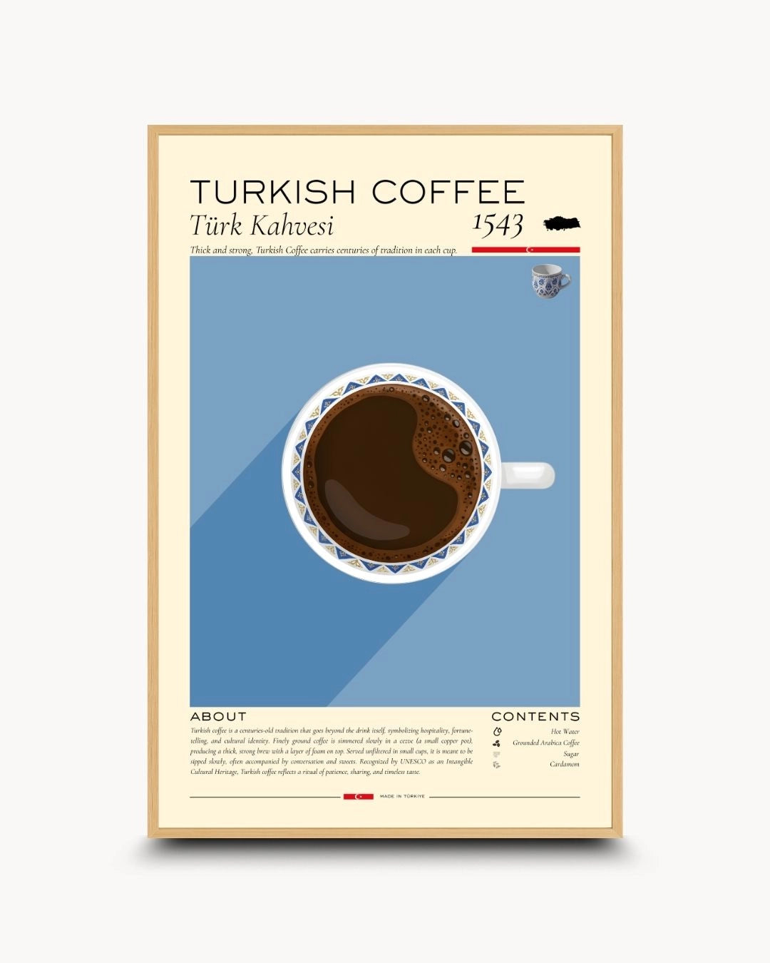 Organic modern Turkish Coffee infographic poster in a natural Maple Wood frame by K2C Co. Featuring a "Made in Türkiye" stamp and historical year 1543, ideal for slow living decor.