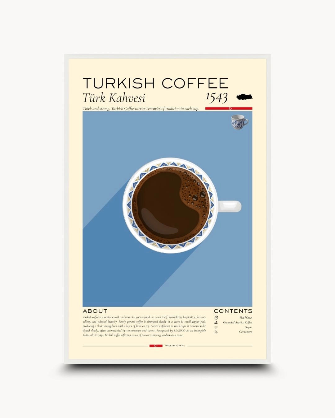 K2C Co. Turkish Coffee Rituals vintage-style infographic print in a Moon White frame. Features muted blue tones and cultural history, perfect for a modern Scandinavian kitchen.