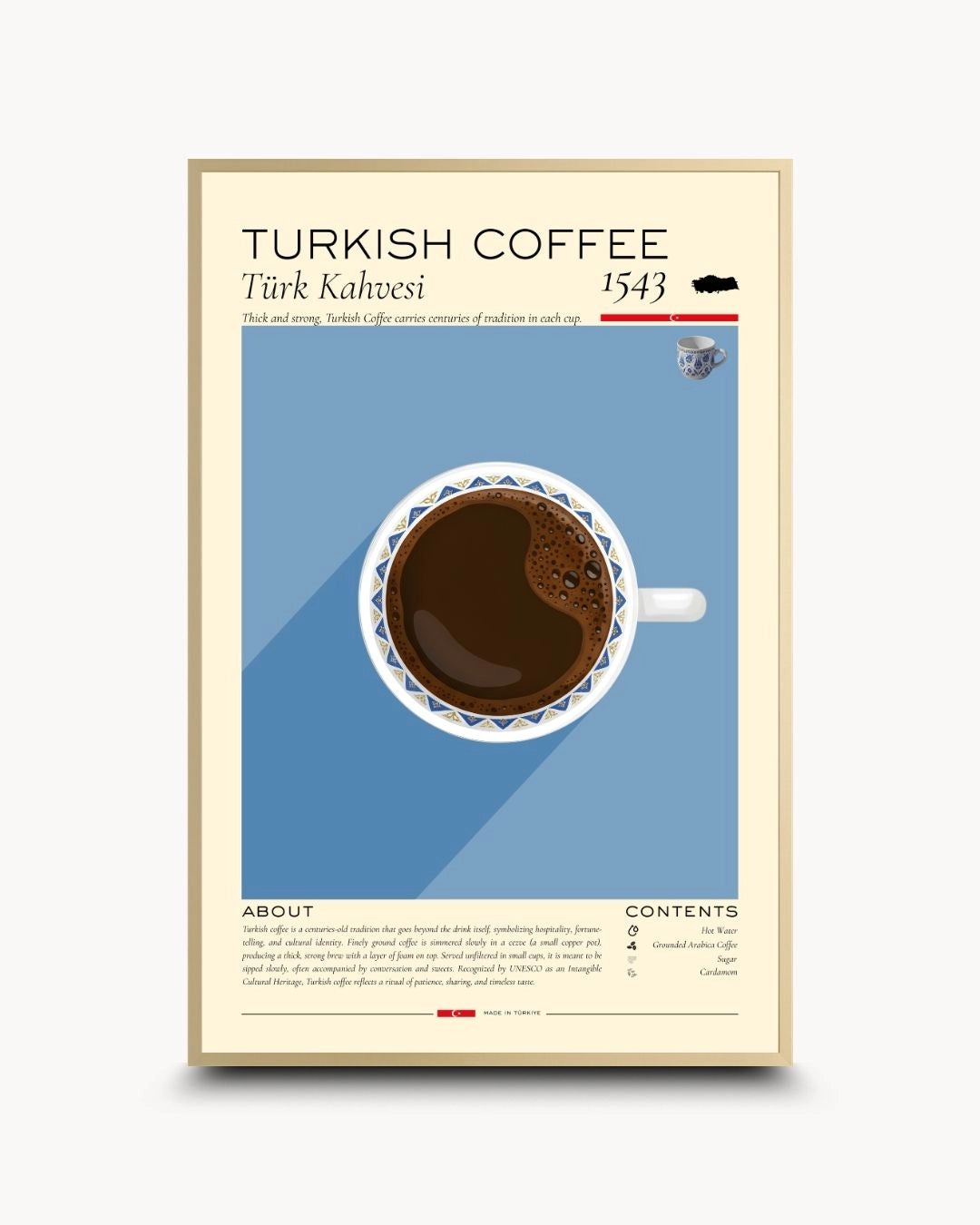 Elegant Turkish Coffee Rituals infographic by K2C Co. in a Satin Gold frame. Features clean typography and blue accents for a luxury contemporary kitchen wall decor statement.