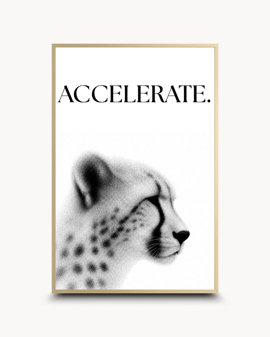 A framed art print featuring a black and white halftone cheetah profile with the word 'ACCELERATE.' printed above it, shown against a light gray background.
