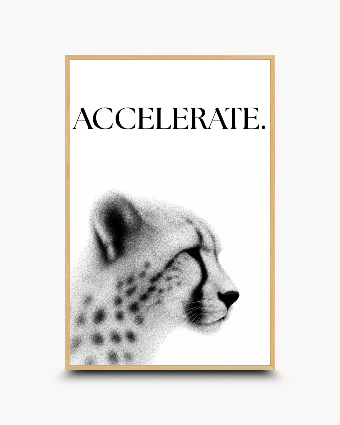 A framed typographic art print featuring the word 'ACCELERATE.' above a black-and-white side-profile illustration of a spotted big cat, shown on a light neutral background.