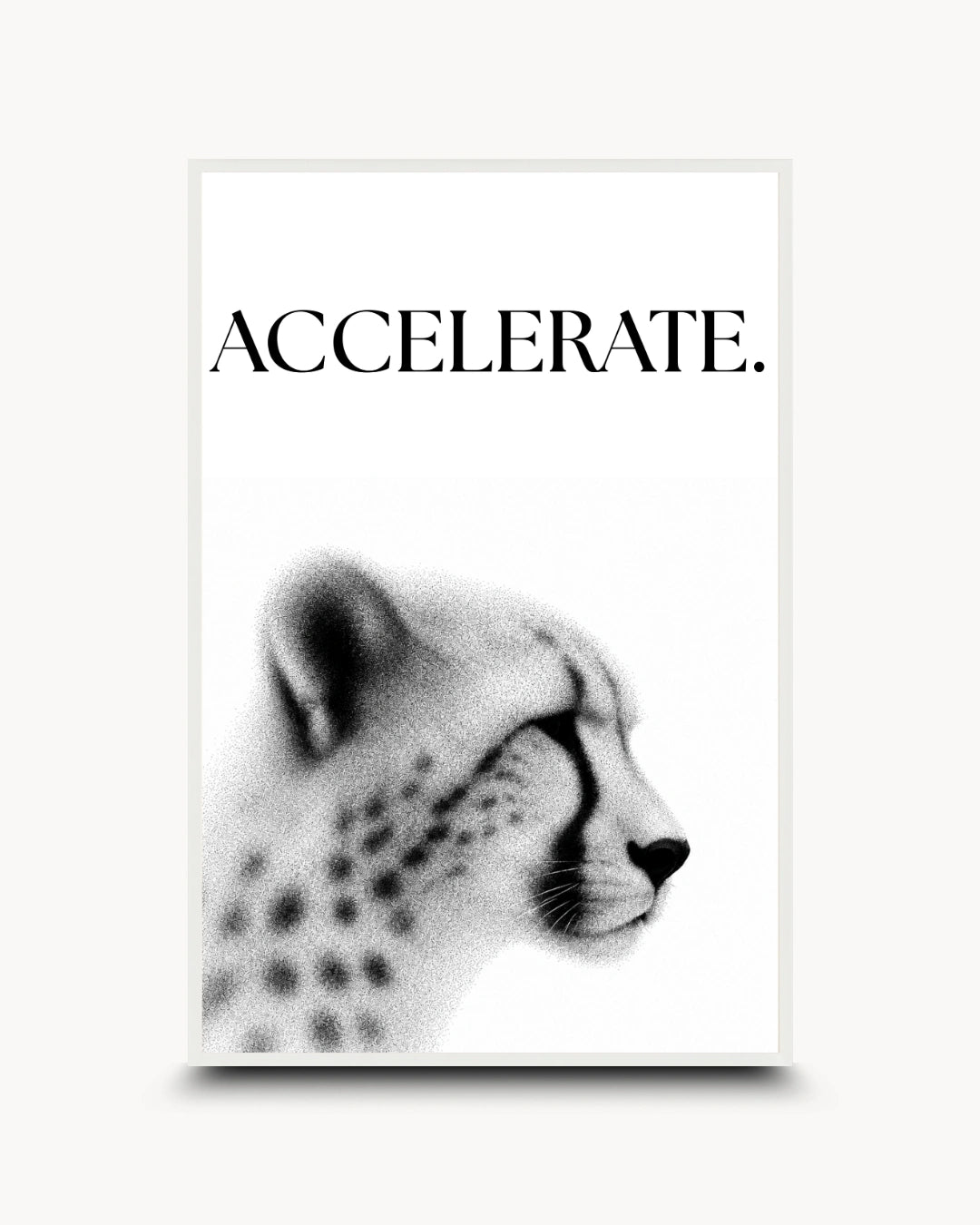A minimalist black and white art print featuring the word 'ACCELERATE.' above a stylized, halftone profile of a cheetah head, shown against a light gray background.