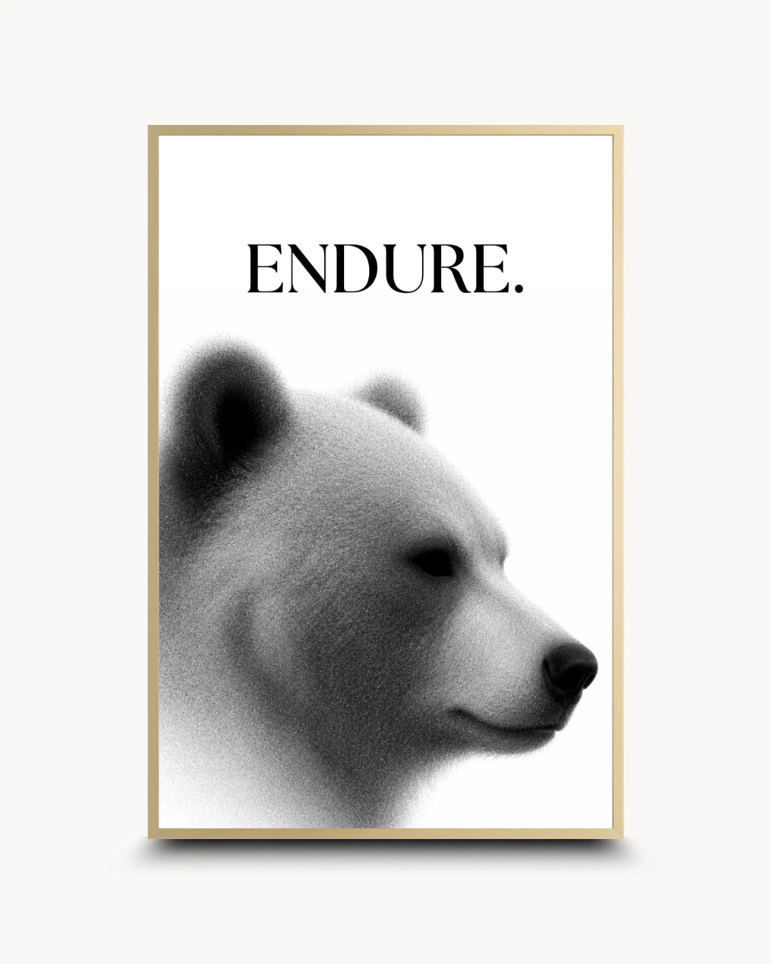 A framed art print featuring a black and white polar bear profile with the word 'ENDURE.' printed above it, set against a light gray background.