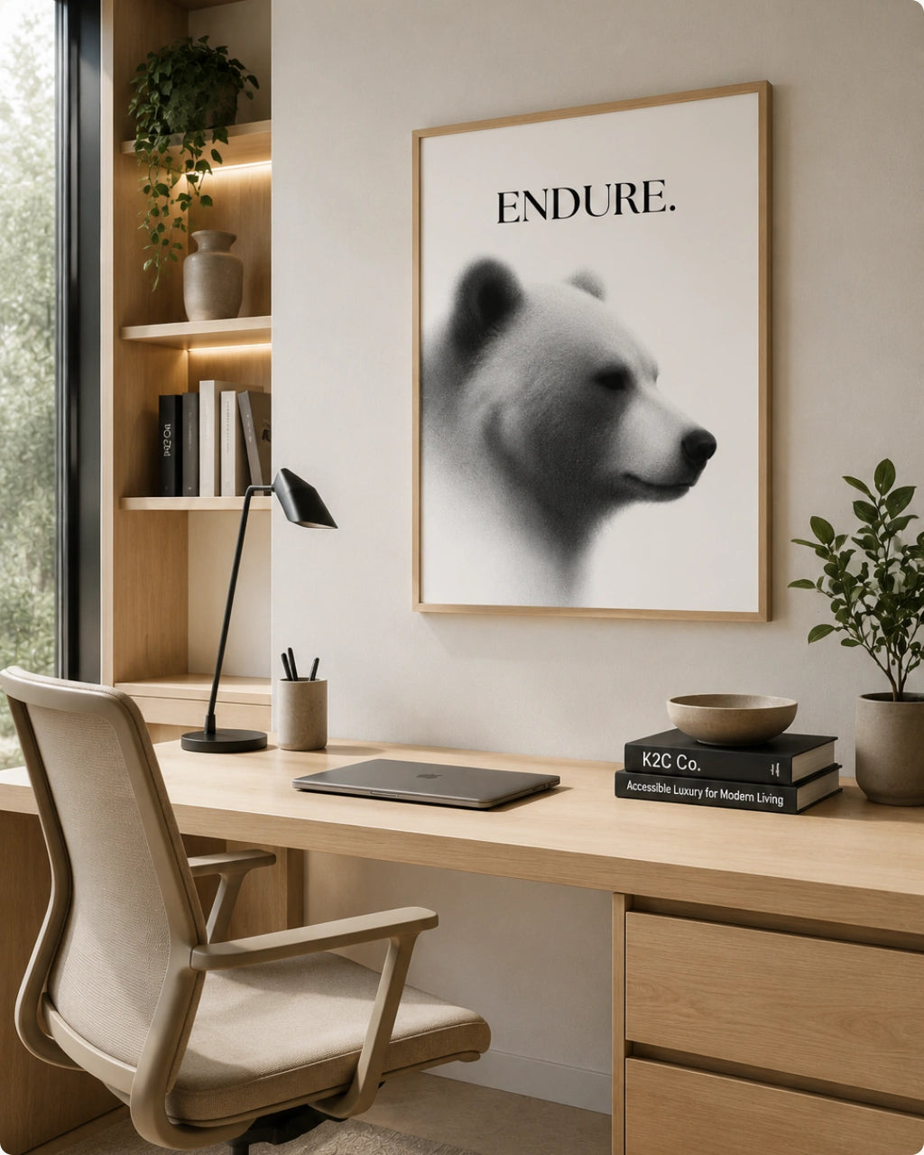 A framed black and white art print featuring a polar bear head with the word 'ENDURE.' above it, displayed on a beige wall above a light wood desk in a modern home office setting.