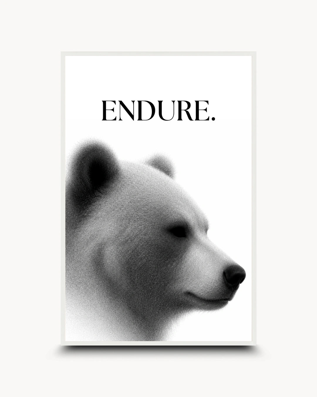 A vertical framed art print featuring a black and white profile portrait of a polar bear with the word 'ENDURE.' printed above it in black serif text, shown against a light gray background.