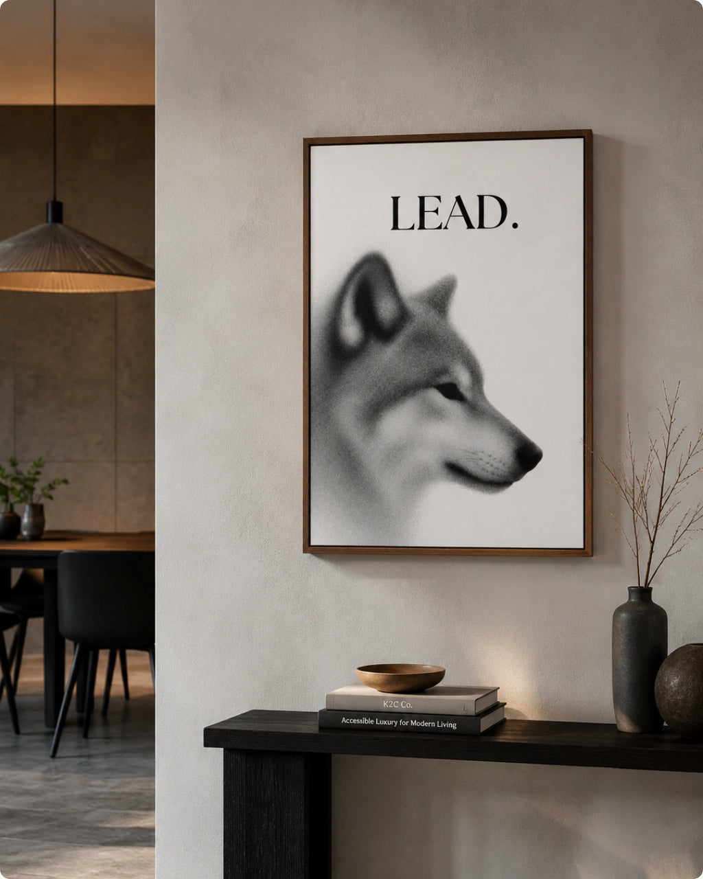 A framed wall art print featuring a grayscale wolf head with the word 'LEAD.' in black serif text, displayed in a modern interior setting above a dark console table.