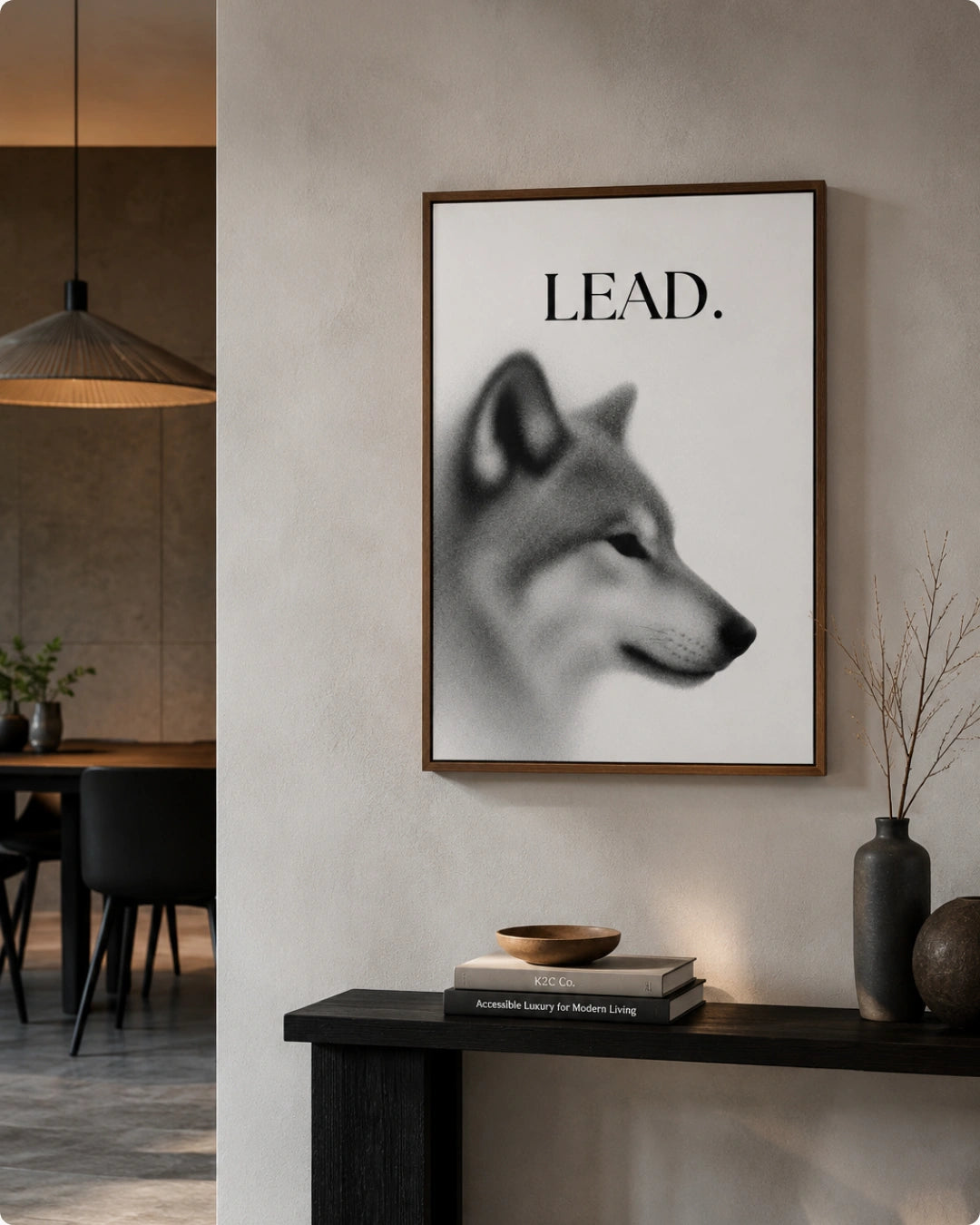 A framed wall art print featuring a grayscale wolf head with the word 'LEAD.' in black serif text, displayed in a modern interior setting above a dark console table.