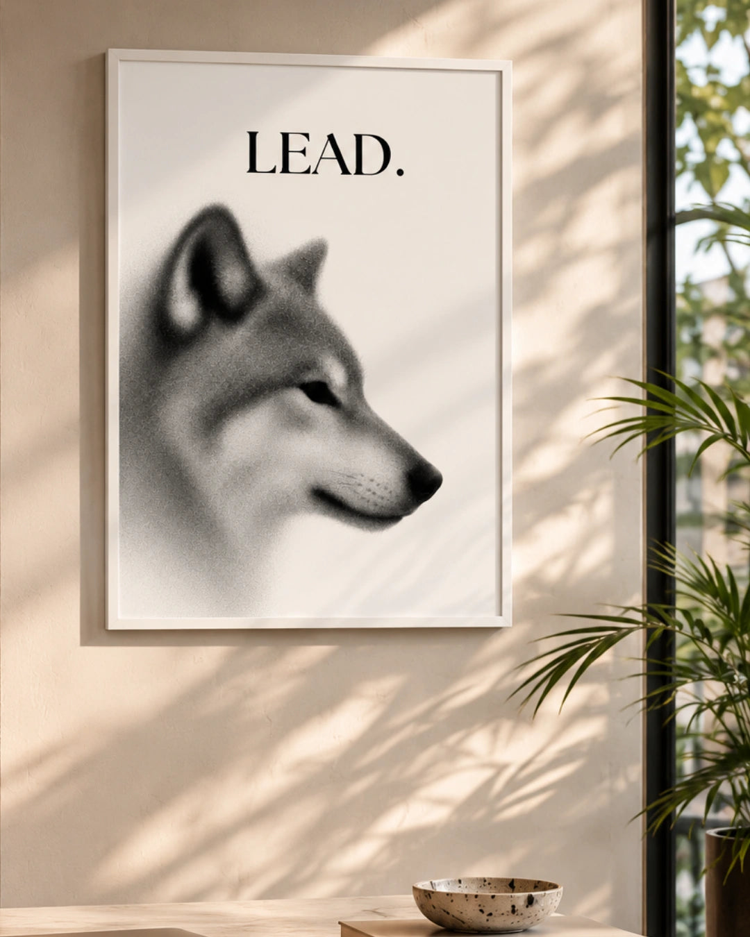 A framed wall art print featuring a grayscale wolf head portrait with the word 'LEAD.' at the top, displayed on a beige wall in a styled interior with window light shadows and a plant nearby.