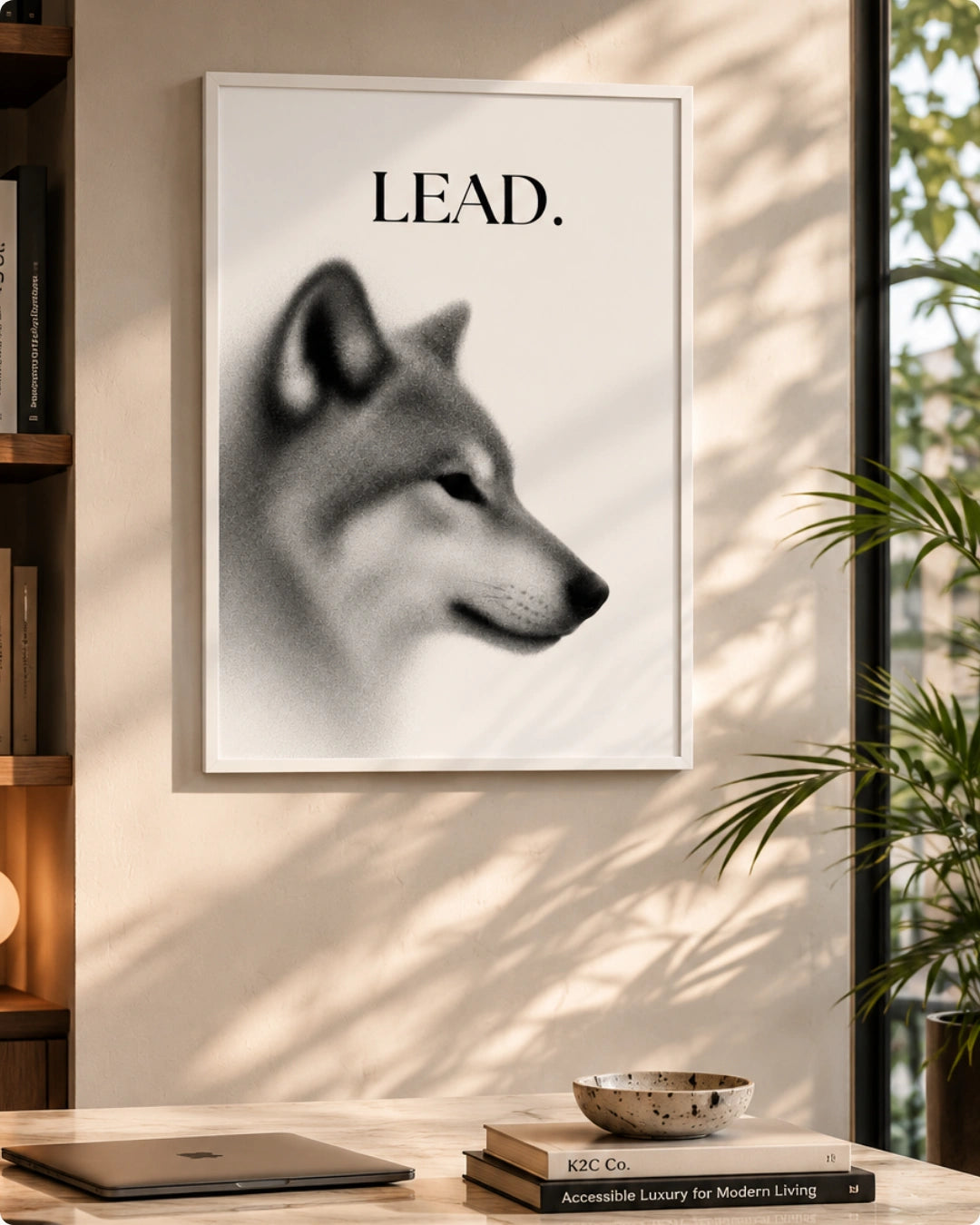 A framed black and white wolf art print with the word 'LEAD.' at the top, displayed on a wall in a modern room setting with a desk, laptop, bowl, and plant visible below and to the side.