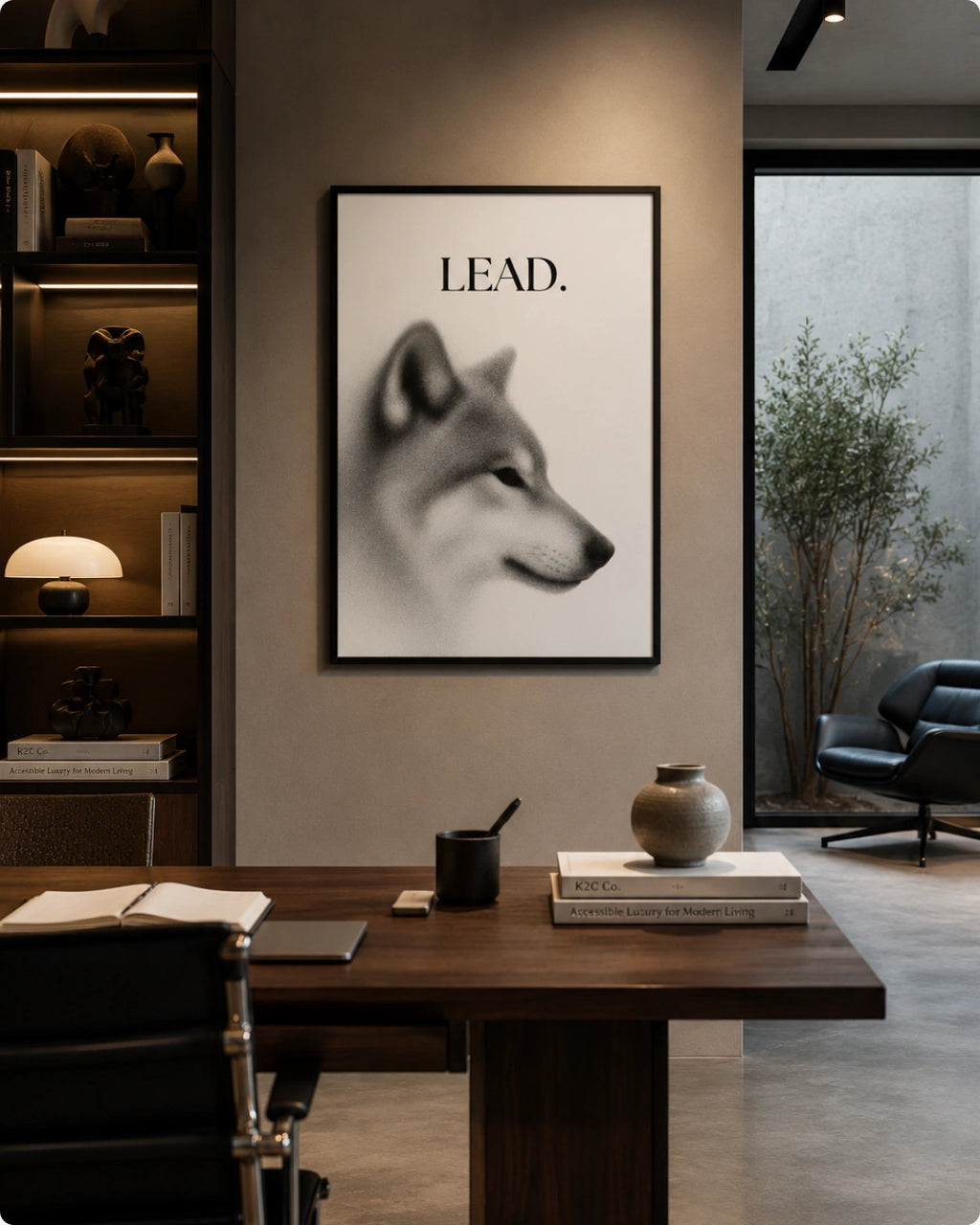 A framed black and white art print of a dog's head with the word 'LEAD.' above it, displayed on a beige wall in a modern office or study setting with a desk, chair, shelving, and window.