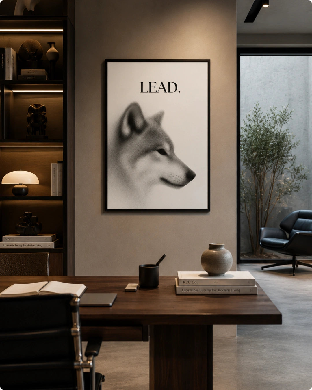 A framed black and white art print of a dog's head with the word 'LEAD.' above it, displayed on a beige wall in a modern office or study setting with a desk, chair, shelving, and window.