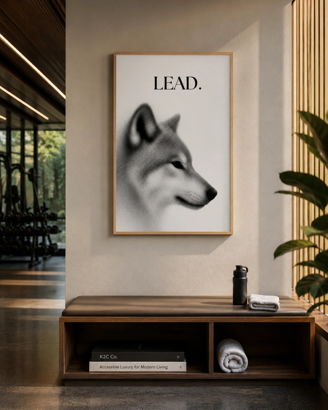 A framed wall art print featuring a black-and-white wolf portrait with the word 'LEAD.' at the top, displayed in a modern interior above a wooden console table.