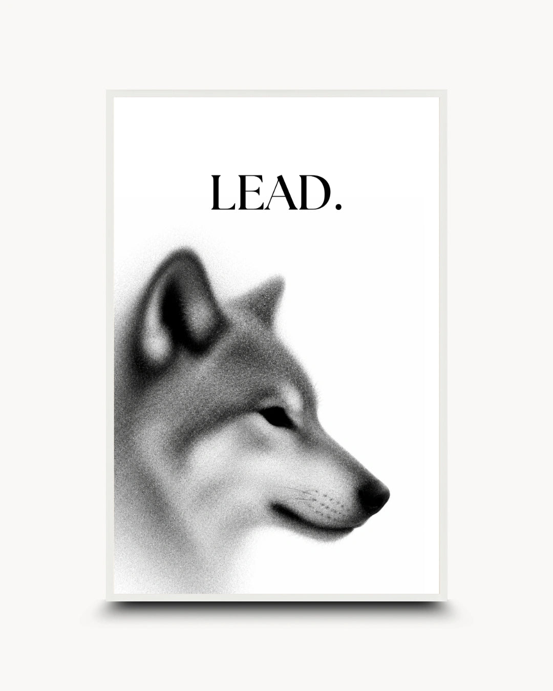 A minimalist art print featuring a black and white profile illustration of a dog with the word 'LEAD.' printed above it, shown against a light gray background with a drop shadow.