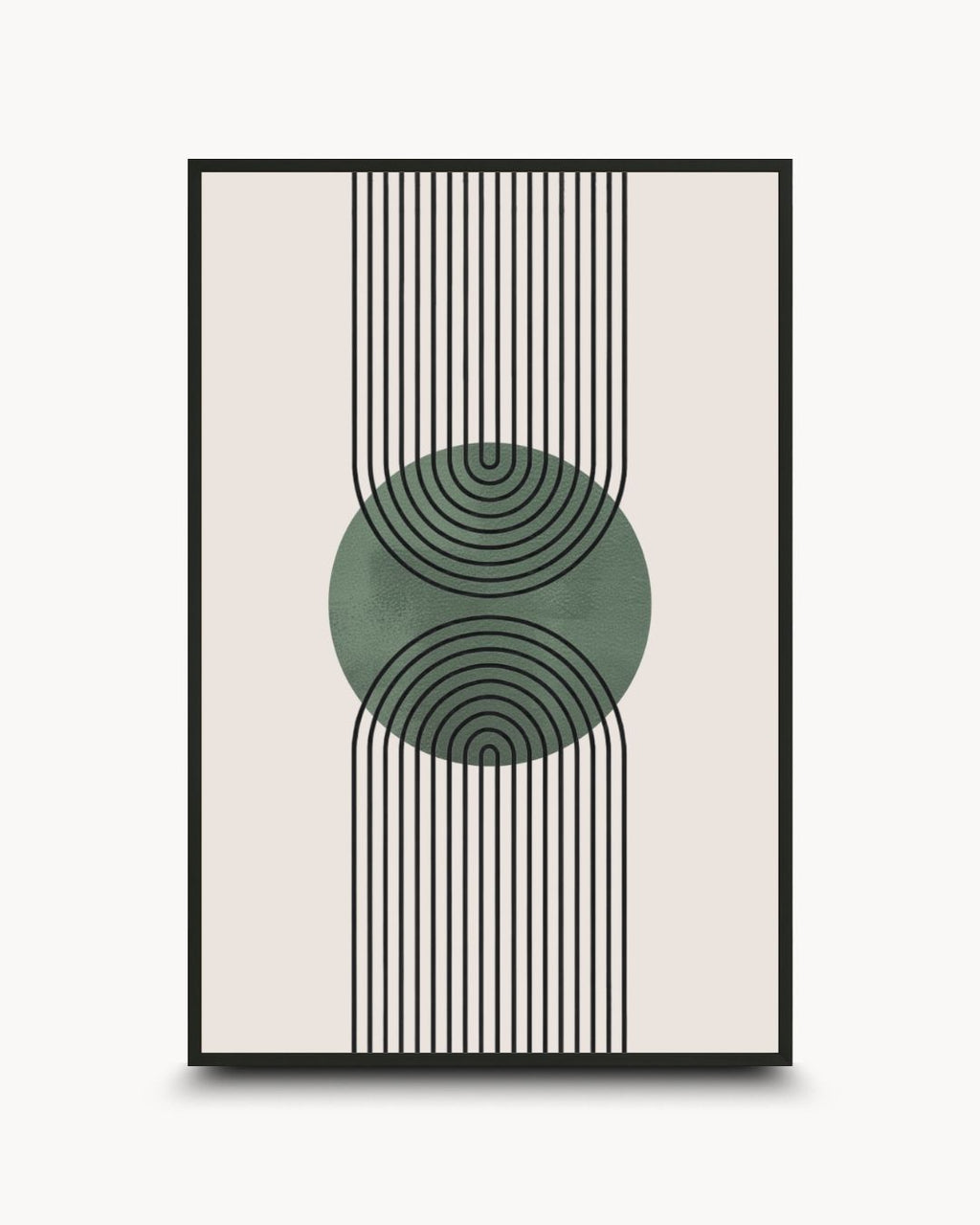 black color framed modern artwork for living room styling, featuring a minimalist sage green circle and black geometric arches on a neutral background, from the K2C Co. home decor collection.