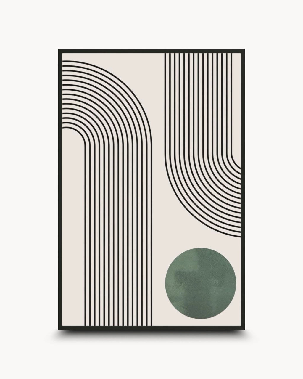 black colored framed modern artwork for living room decor featuring rhythmic black parallel lines and a textured sage green circle on a neutral background, from the K2C Co. home decor collection.