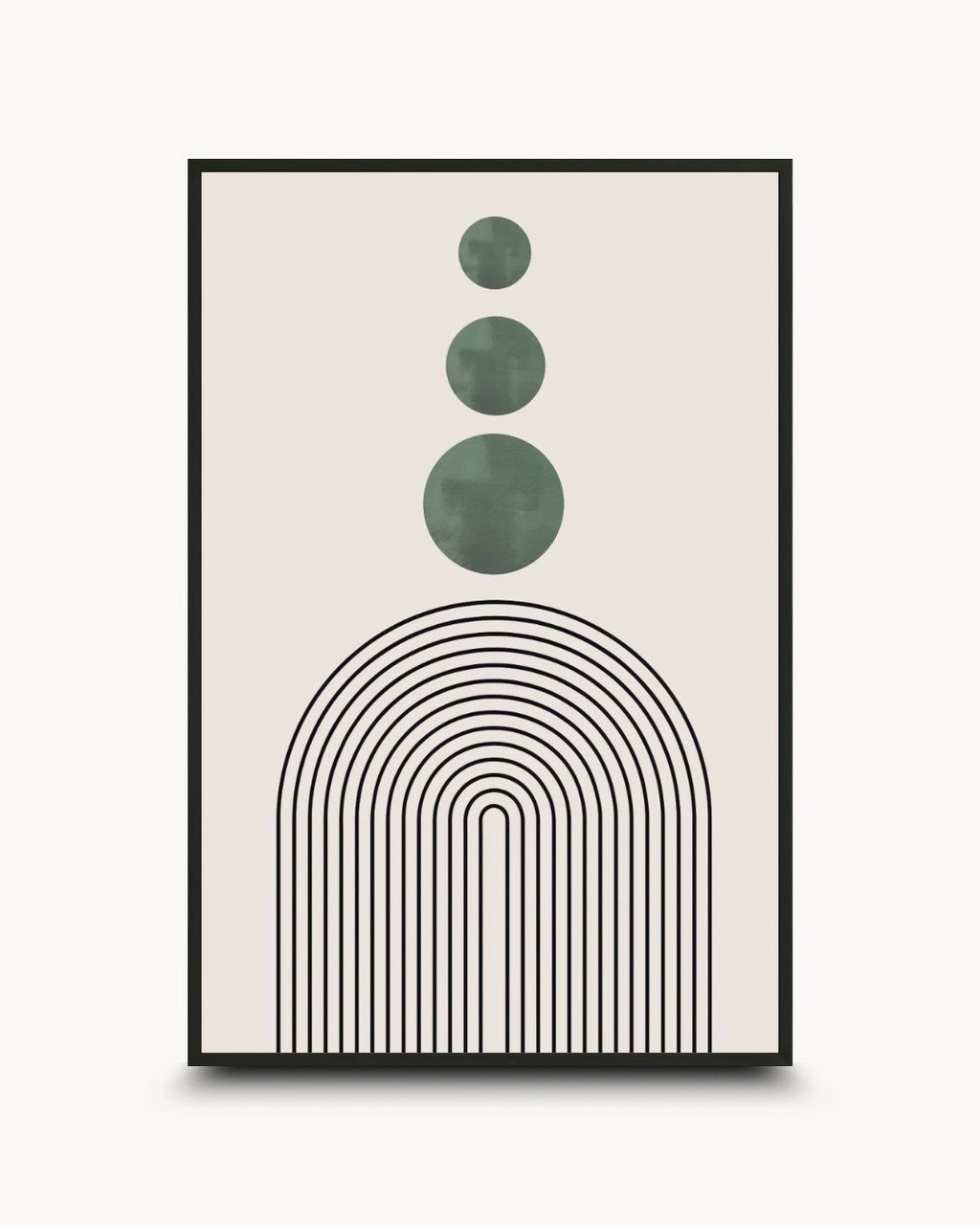 Black colored framed modern artwork for living room decor featuring three stacked sage green circles above black concentric arches on a neutral beige background, from the K2C Co. home decor collection.