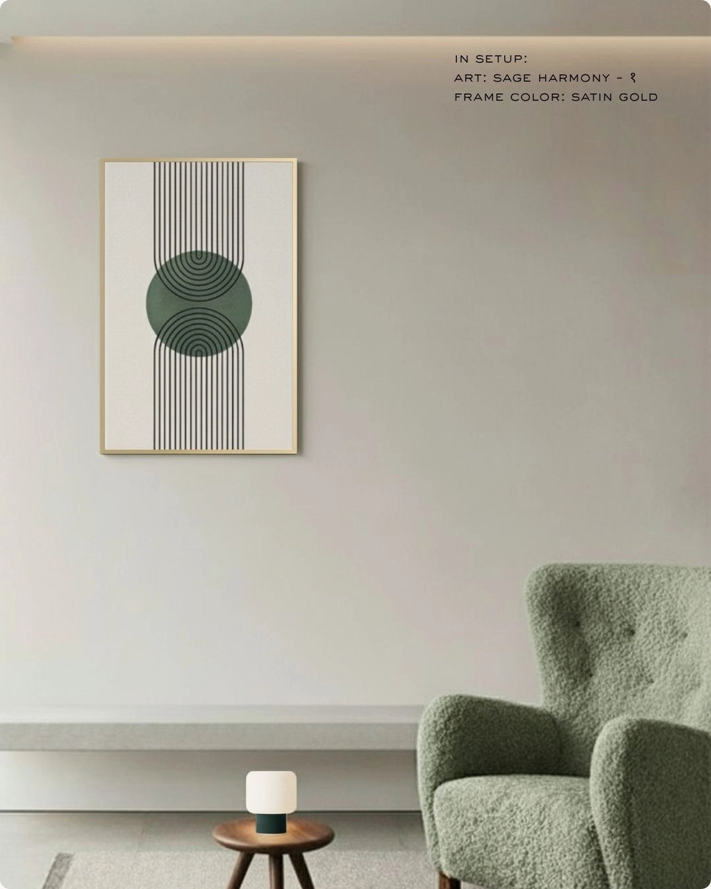 Sage Harmony 1 abstract wall art by K2C Co. featuring a central sage green circle with vertical geometric lines and arches in a satin gold frame, shown in a Japandi-style living room mockup with a green boucle armchair.