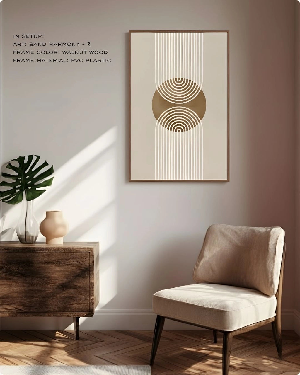 Sand Harmony 1 abstract wall art by K2C Co. featuring a terracotta brown circle and white geometric lines in a walnut wood frame, displayed in a warm living room lifestyle mockup with a minimalist chair and wooden sideboard.
