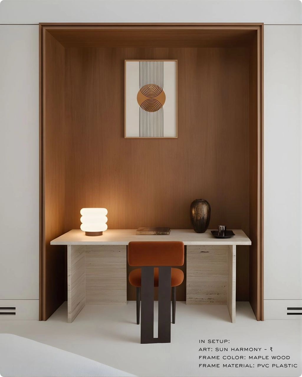 Sun Harmony 1 abstract wall art by K2C Co. featuring a burnt orange circle and black geometric lines in a Maple Wood frame, displayed in a minimalist home office alcove above a white stone desk.