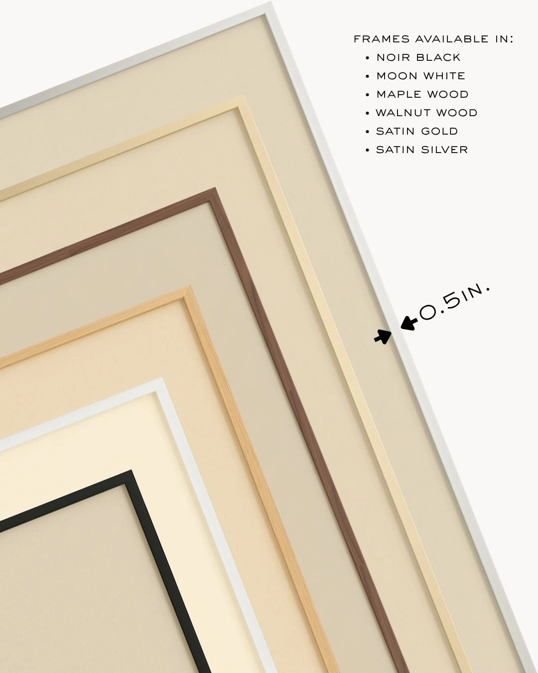 Comparison of K2C Co. wall art frame finishes including Noir Black, Moon White, Maple Wood, Walnut Wood, Satin Gold, and Satin Silver, featuring a minimalist 0.5-inch frame thickness.