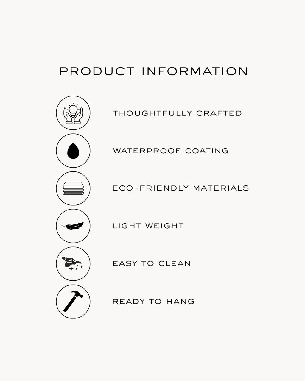 Product information infographic for K2C Co. wall art, highlighting features: thoughtfully crafted, waterproof coating, eco-friendly materials, light weight, easy to clean, and ready to hang.