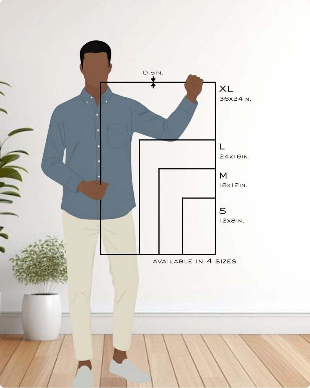 Wall art size comparison chart for K2C Co. showing a person holding an XL 36x24 inch frame, with Large 24x16, Medium 18x12, and Small 12x8 inch options, featuring a 0.5-inch frame thickness.