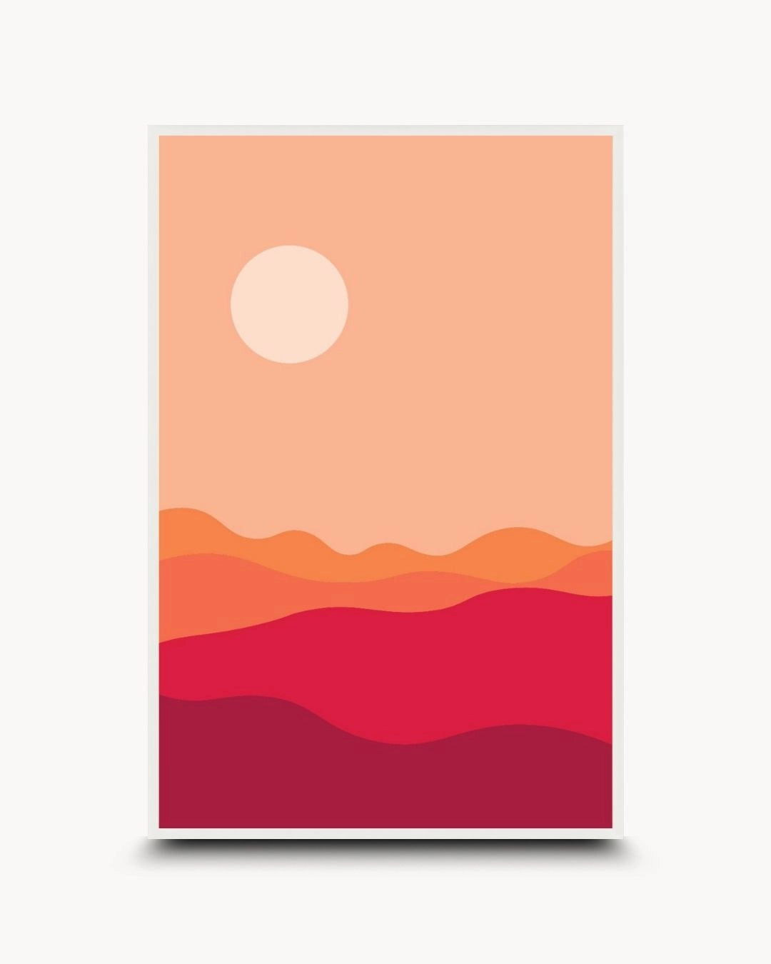 Abstract minimalist desert landscape print in a Moon White frame. Features a serene sunset over rolling terracotta hills in a clean, modern aesthetic.