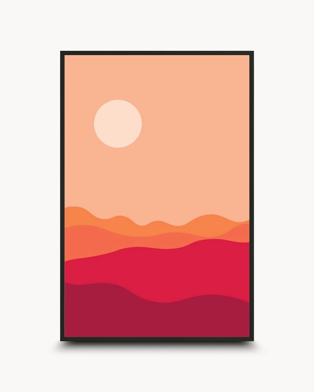 Minimalist abstract landscape wall art featuring layered hills in terracotta, red, and maroon tones under a warm peach sky with a pale sun, set in a Noir Black frame.