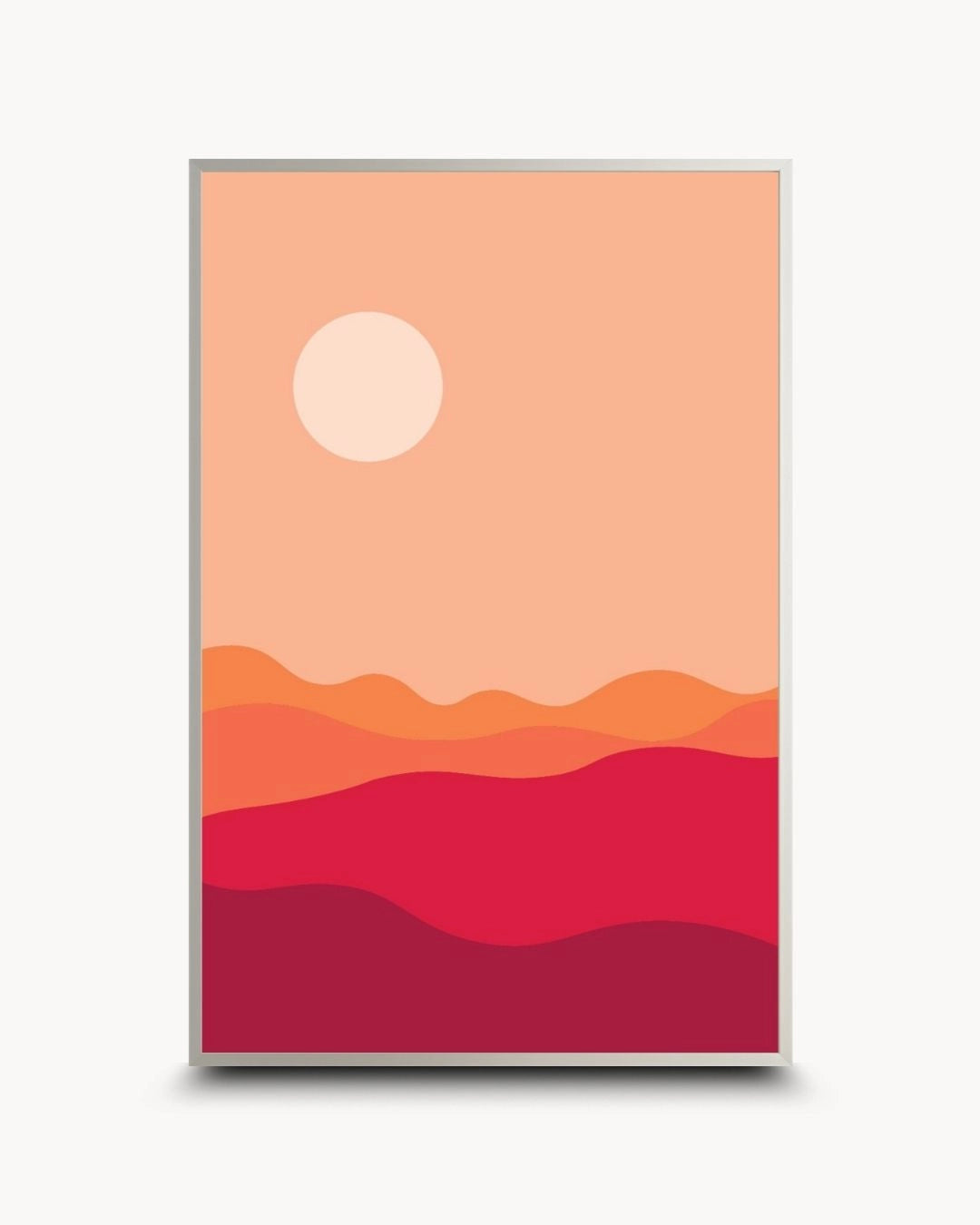 Modern abstract desert landscape print in a sleek Satin Silver frame. Clean lines and warm earthy tones make this ideal for contemporary urban apartment styling.